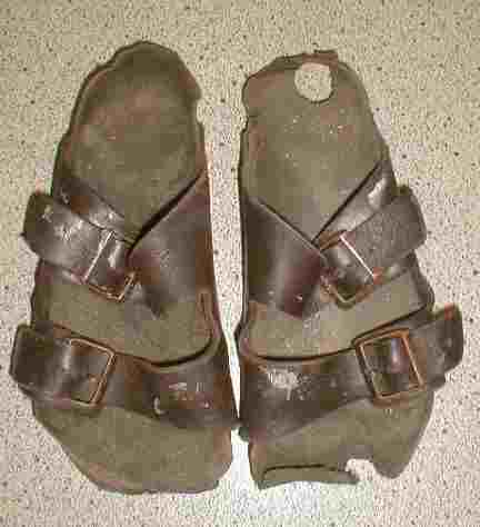 Worn Birkenstock sandal before local repair and sole replacement in Salem Oregon