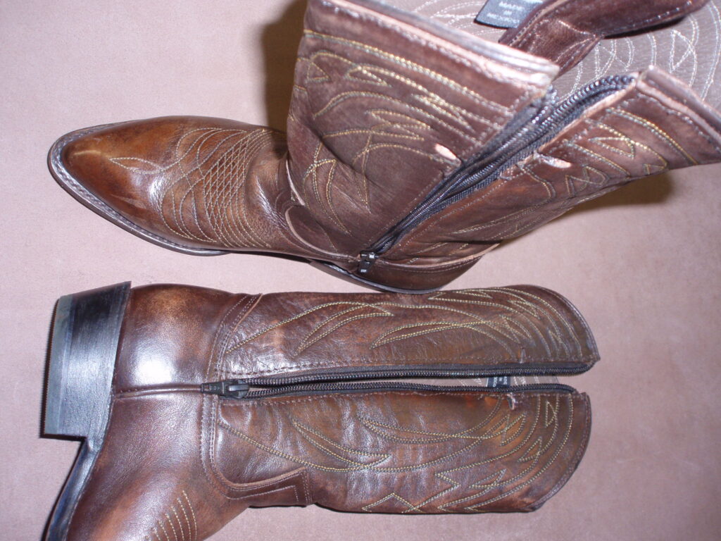 Inside zipper installed on cowboy boots for easier on and off